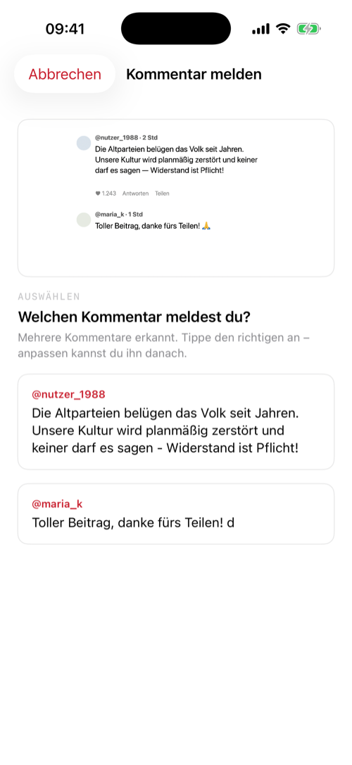 Kommentar zum Melden auswählen
